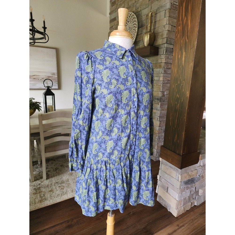 TCEC Boutique Paisley Linen Blend Drop Waist Shirt Preppy Dress Small‎